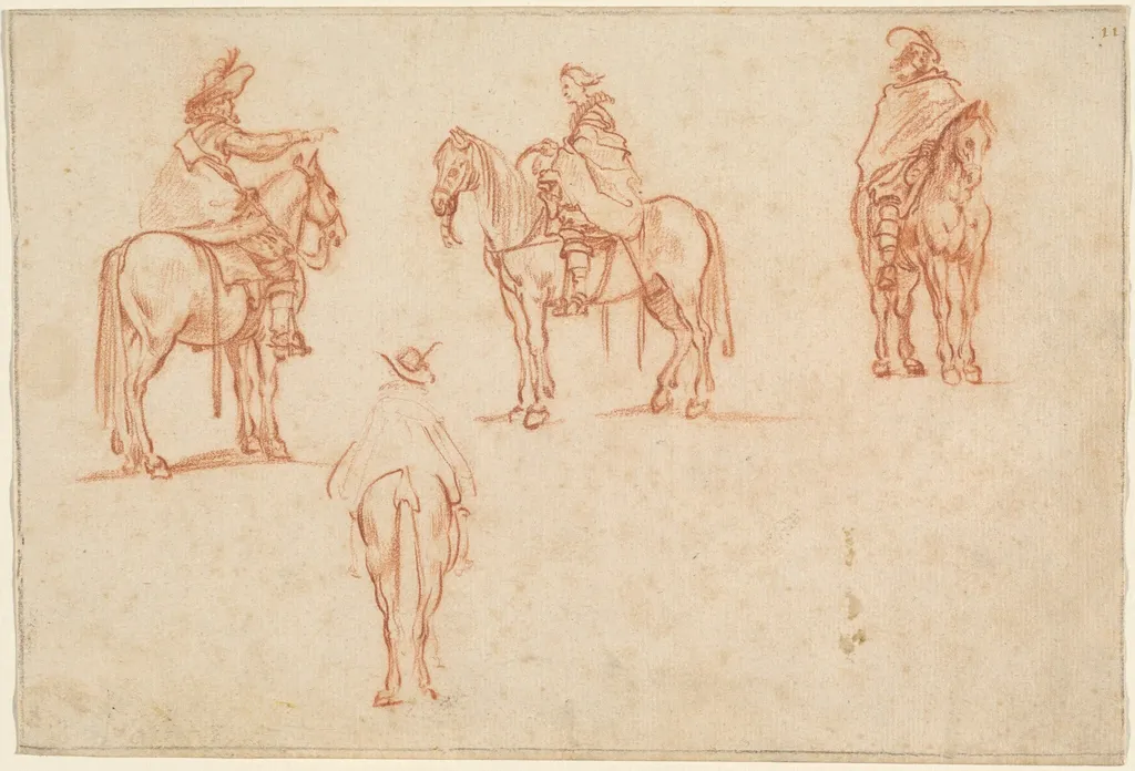 Study of Four Horsemen, by Jacques Callot, chalk, 1628