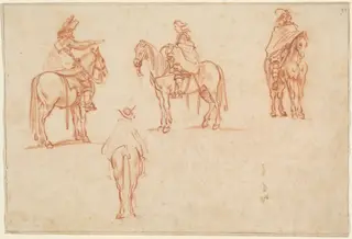 Study of Four Horsemen, by Jacques Callot, chalk, 1628