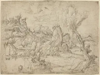 Landscape with the Baptism of Christ, by Pieter Cornelisz Kunst, ink, 1530