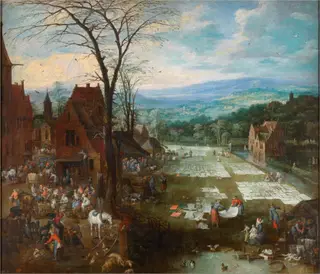 Flemish Market and Washing Place, by Jan Brueghel, the elder, oil, 1620