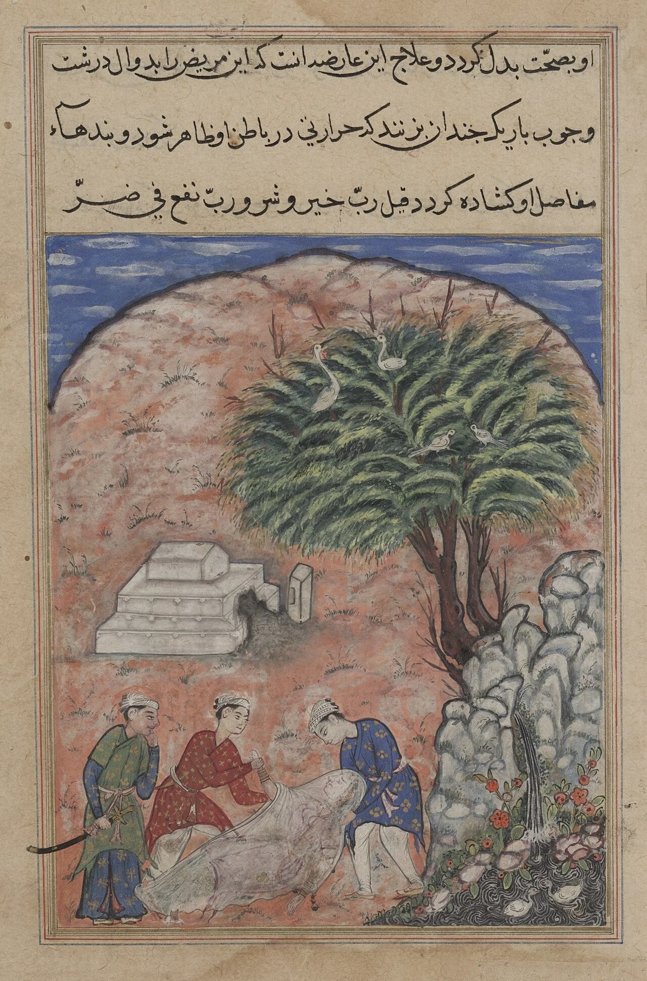 The suitors take the devotee’s daughter out of her tomb after breaking it open, when the physician discovers she is still alive, from a Tuti-nama (Tales of a Parrot): Twentieth Night, detail