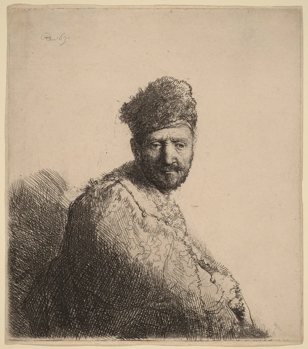 Bearded Man, in a Furred Oriental Cap and Robe: the Artist's Father, by Rembrandt, ink, 1631