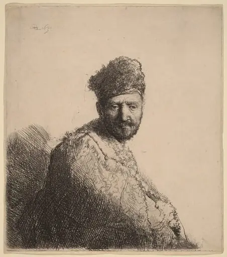 Bearded Man, in a Furred Oriental Cap and Robe: the Artist's Father, by Rembrandt, ink, 1631