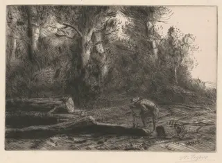 Man Squaring Logs (Homme qui fend des bûches), by Alphonse Legros, ink, 1882