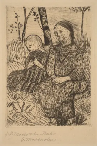 Two Peasant Girls, by Paula Modersohn-Becker, ink, 1900