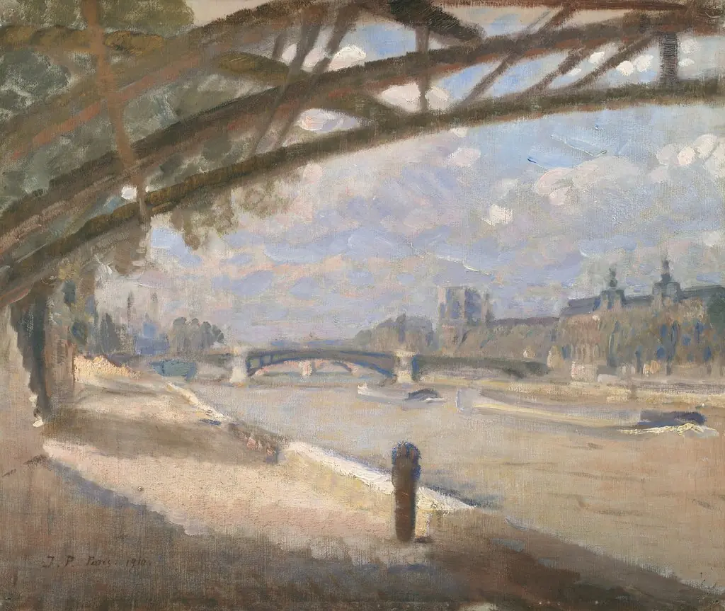 Under the Pont des Arts, Paris. Noon, by Julius Paulsen, oil, 1910