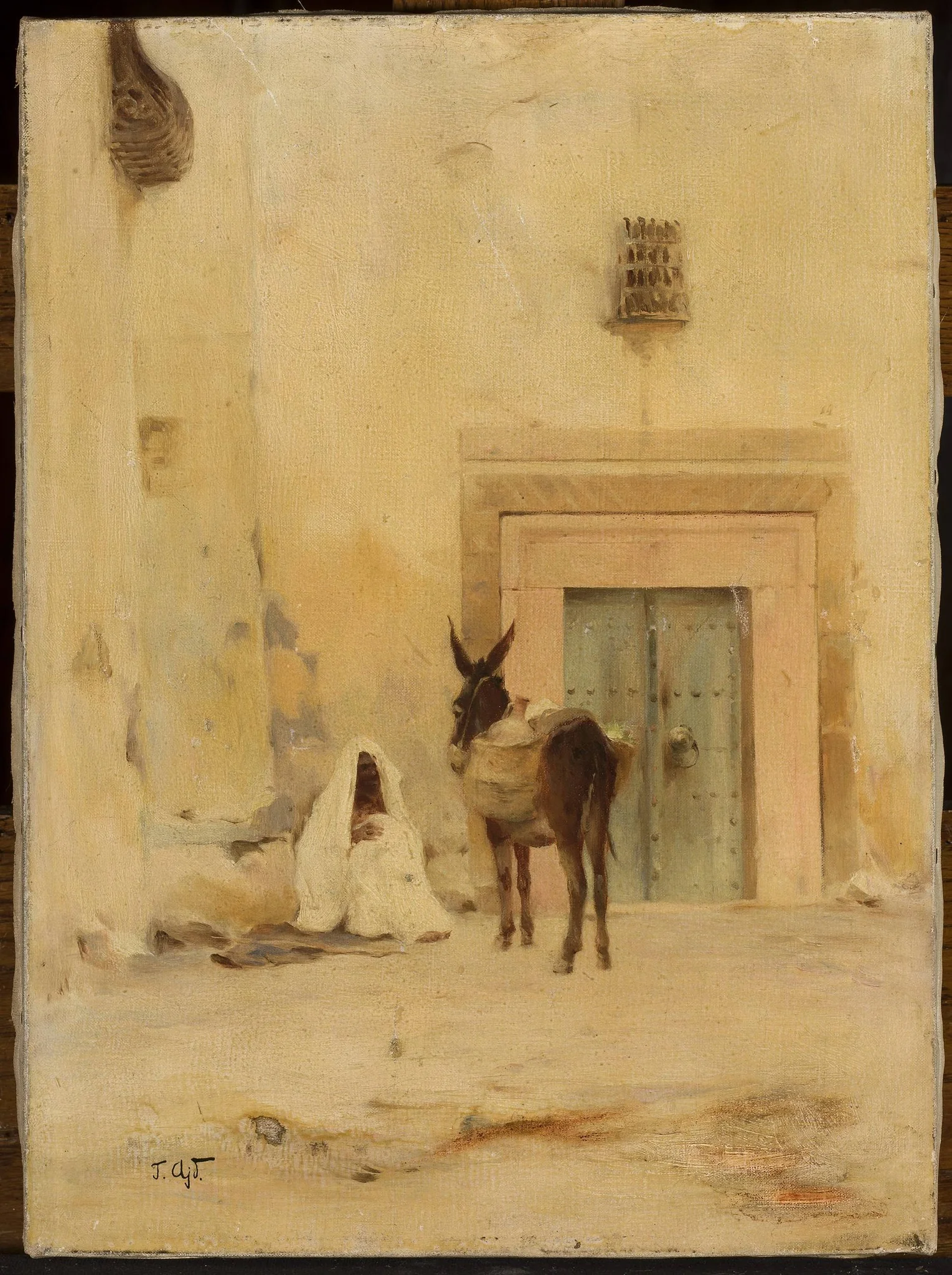 Arab and a donkey at the wall of a house, detail