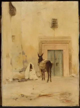 Arab and a donkey at the wall of a house, by Tadeusz Ajdukiewicz, oil, 1894