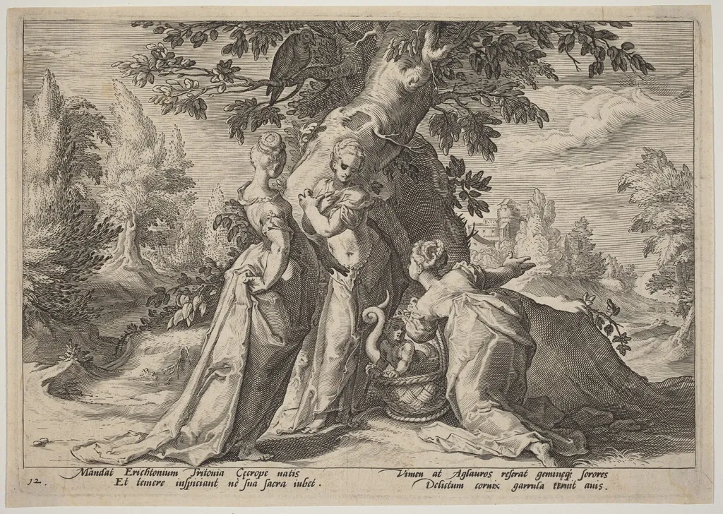 The Daughters of Cecrops Open the Casket Entrusted to Them by Minerva, by Hendrick Goltzius, ink, 1589
