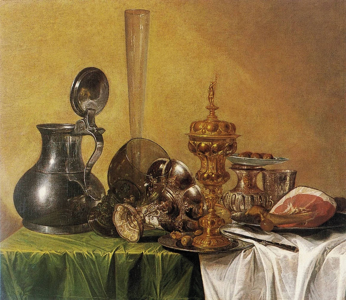 Still Life with Ham, Covered Beaker, Tazza, Rummer and Jug on a Table, detail