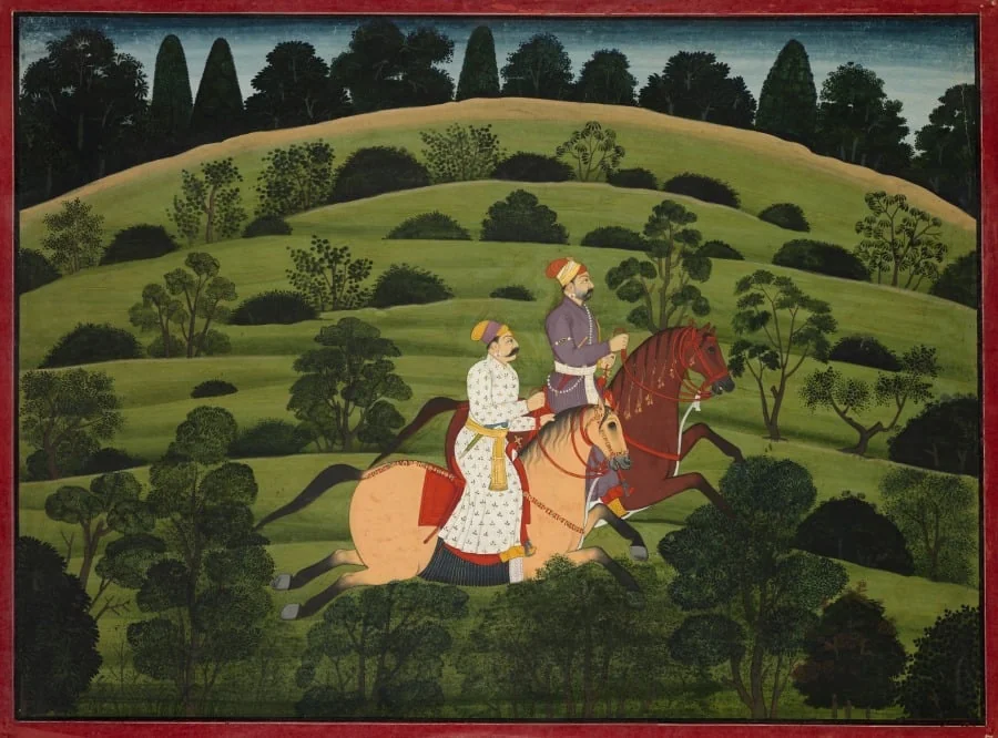 Akrura and Kritavarma flee Dvaraka, page from the "Large Basohli Bhagavata Purana", detail