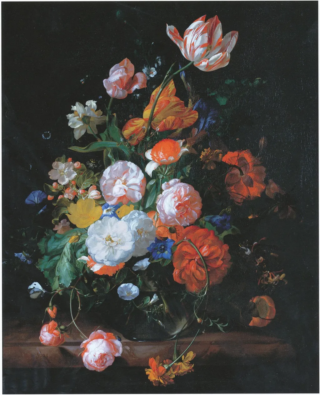 Roses, tulips and other flowers in a glass vase on a marble ledge, by Rachel Ruysch, oil, 1709