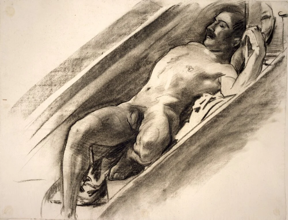 Male Reclining on a Stairway, detail