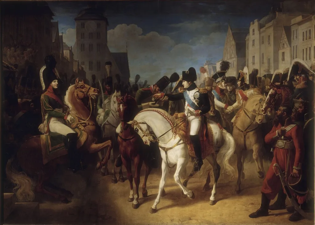 Napoleon I decorated a soldier of the Russian army in Tilsitt with the cross of the Legion of Honor, by Jean-Baptiste Debret, oil, 1808