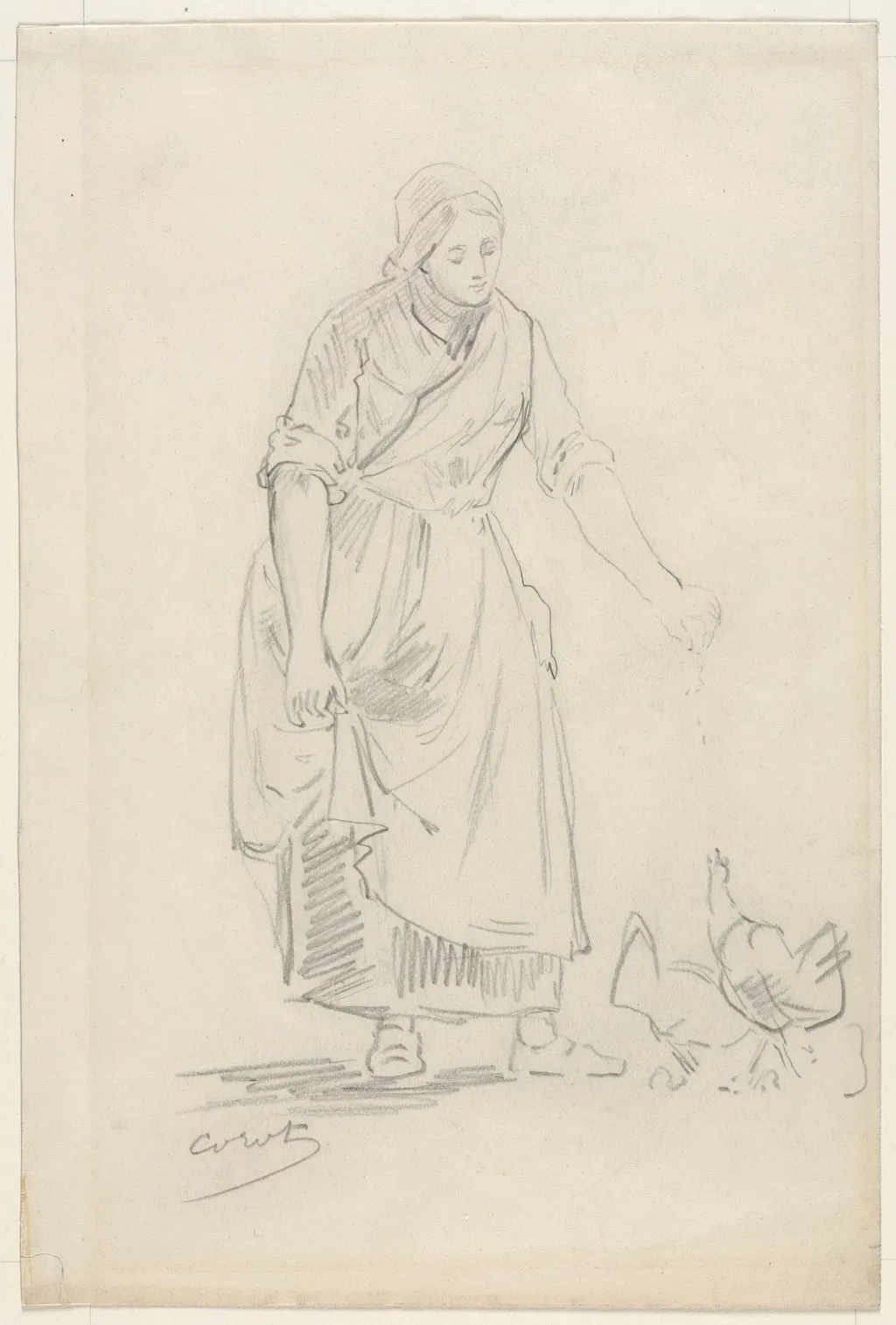 Peasant Girl Feeding Chickens, by Jean Baptiste Camille Corot, 1804