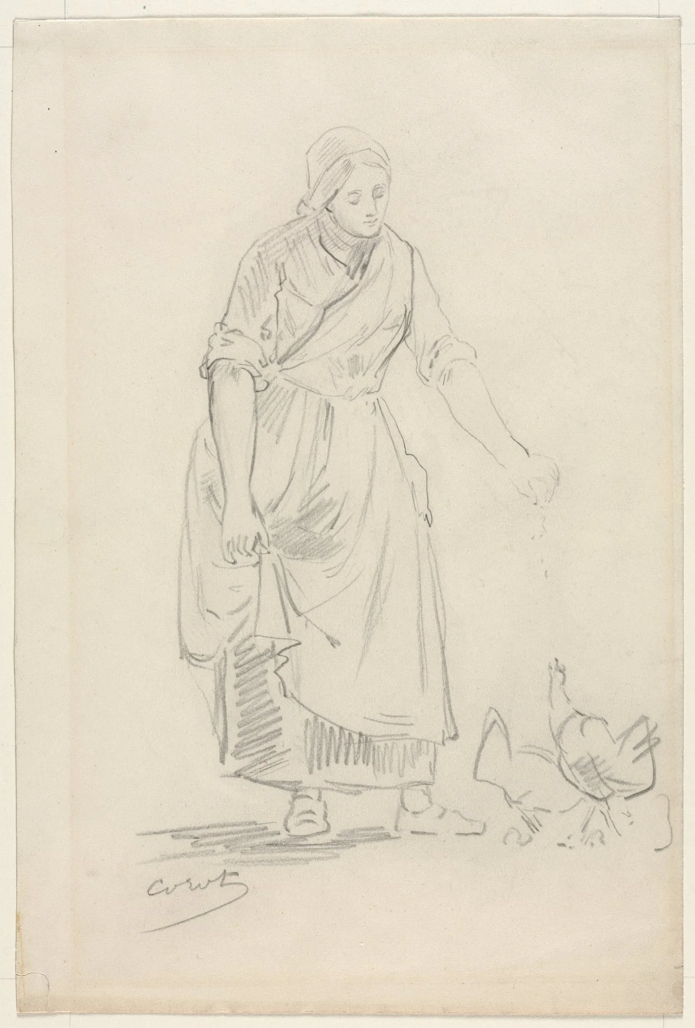 Peasant Girl Feeding Chickens, detail