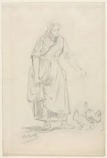 Peasant Girl Feeding Chickens, by Jean Baptiste Camille Corot, 1804