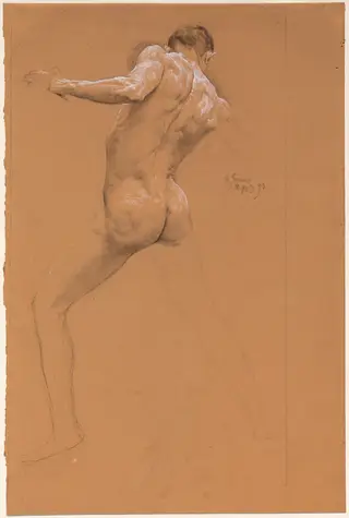 Standing Male Nude from Behind, by Otto Greiner, chalk, 1893