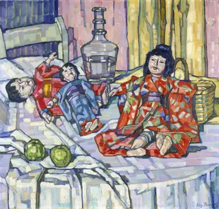 Japanese Dolls with Apples, by Eugenie Bandell, oil, 1915