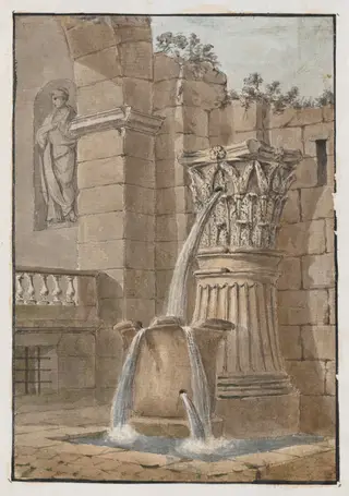 Fountain in a Courtyard, by Charles Louis Clérisseau, graphite, 1768