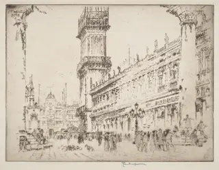 Rebuilding the Campanile, Venice, No.II, by Joseph Pennell, ink, 1911