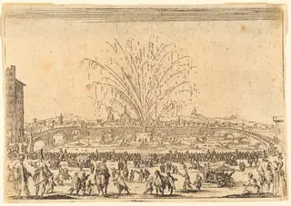 Fireworks on the Arno, Florence, by Jacques Callot, ink, 1622