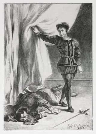 Hamlet:  Hamlet and the Corpse of Polonius, by Eugène Delacroix, 1835