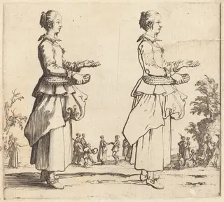 Peasant Woman with Basket, in Profile, Facing Right, by Jacques Callot, ink, 1622