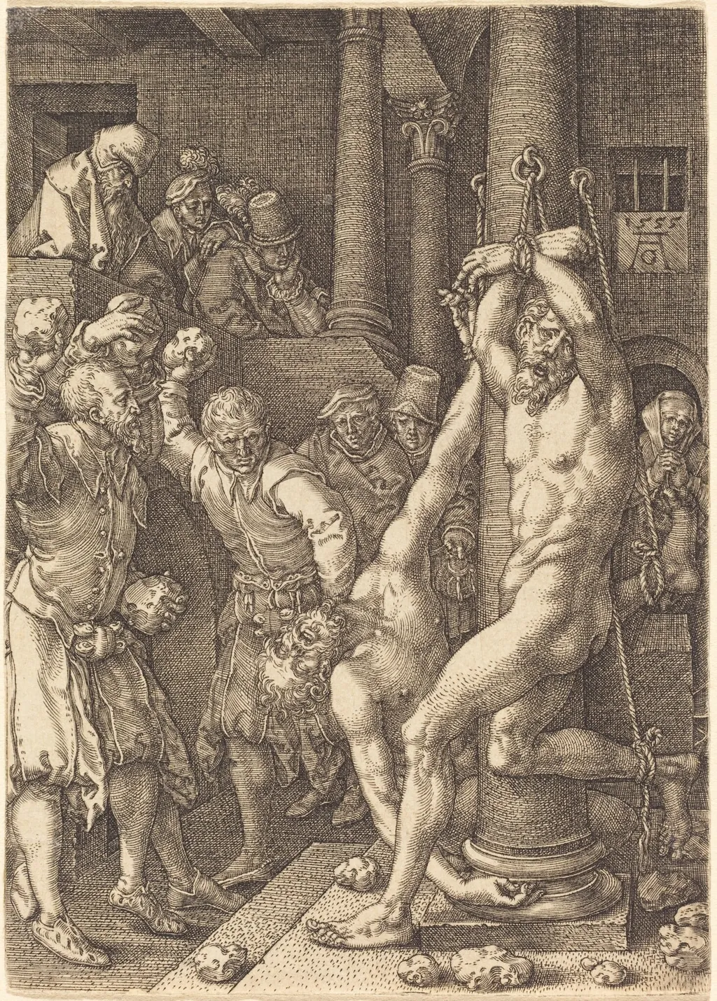 The Two Elders Stoned by the People, by Heinrich Aldegrever, ink, 1555