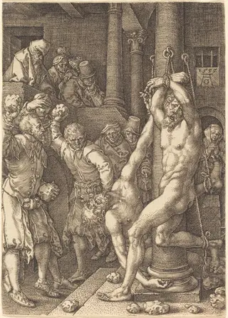 The Two Elders Stoned by the People, by Heinrich Aldegrever, ink, 1555