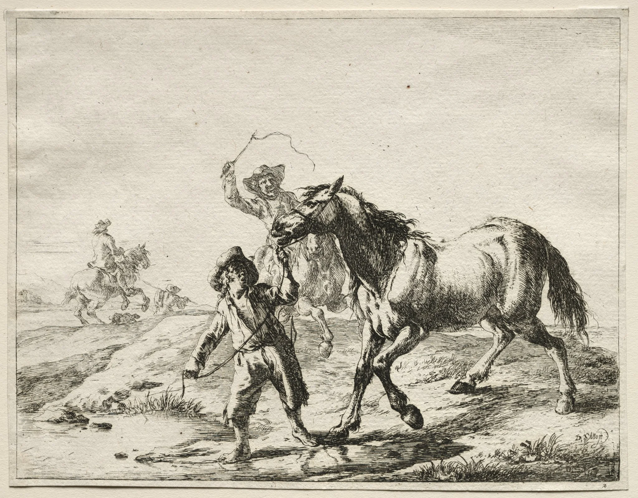 A boy taking a horse to drink, detail