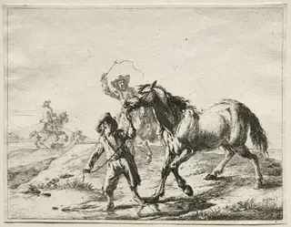 A boy taking a horse to drink, by Dirk Stoop, 1659