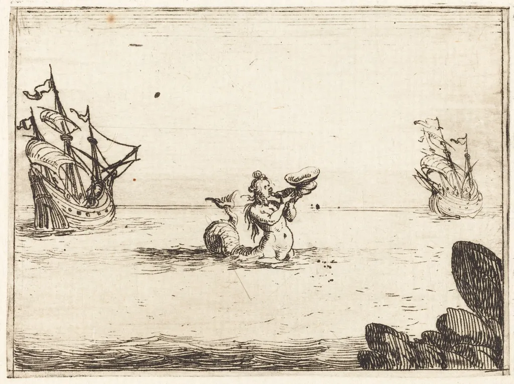 Siren between Two Ships, by Jacques Callot, ink, 1628