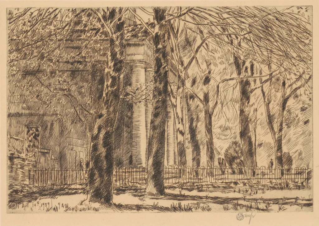 First Leaves—Spring in Washington, St. John's, by Childe Hassam, ink, 1929