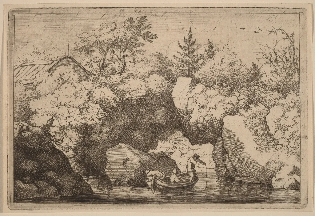 Skiff under a Cleft Rock, by Allart van Everdingen, ink, 1650