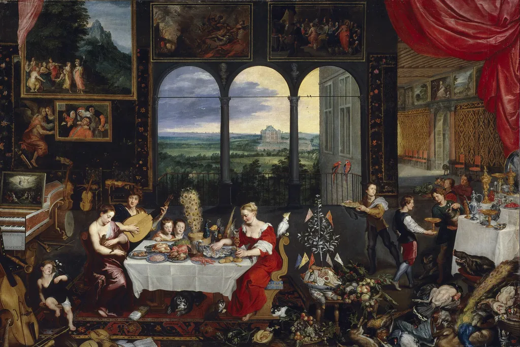 The Senses of Hearing, Touch and Taste, by Jan Brueghel, the elder, oil, 1618