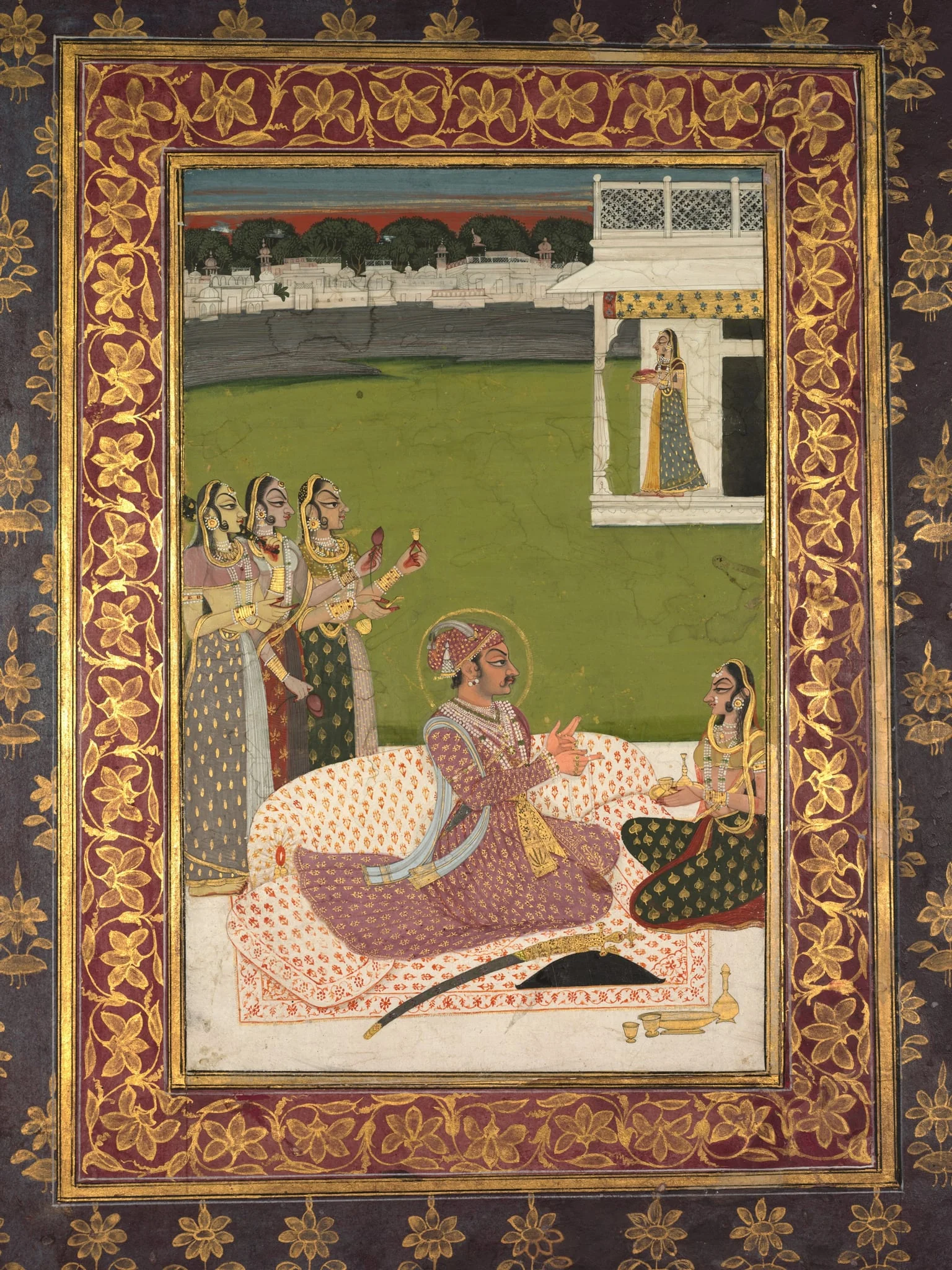 Portrait of Maharaja Savant Singh with Consort, Bani Thani, detail