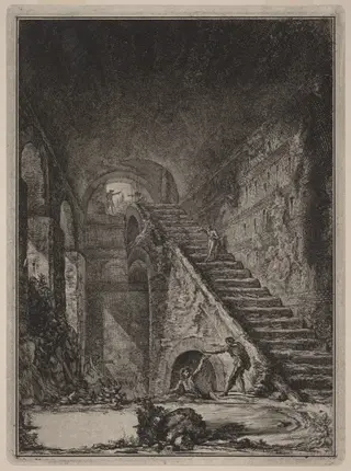 Prospettiva della Scala della conserva d'acqua de' già detti alloggiamenti, accennati in pianta nella Tav. XIII con la lett. G., by Giovanni Battista Piranesi, ink, 1764