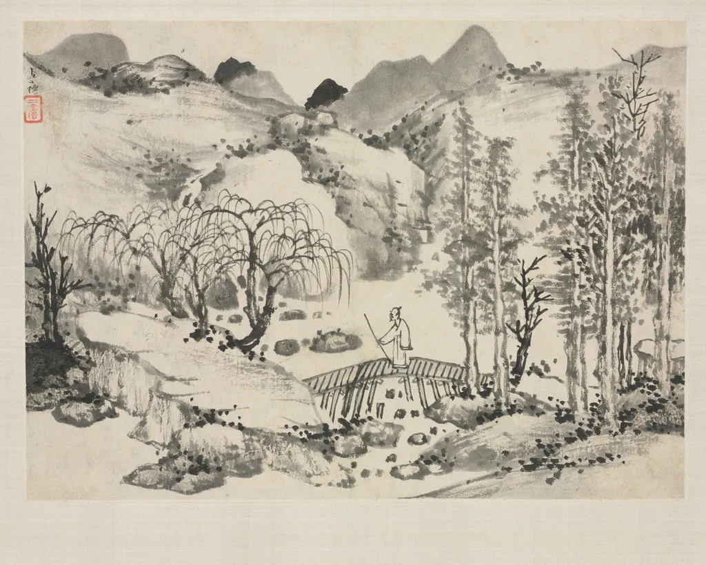 Landscape Album in Various Styles: Landscape with Artist on a Bridge, by Zha Shibiao, unspecified, 1684