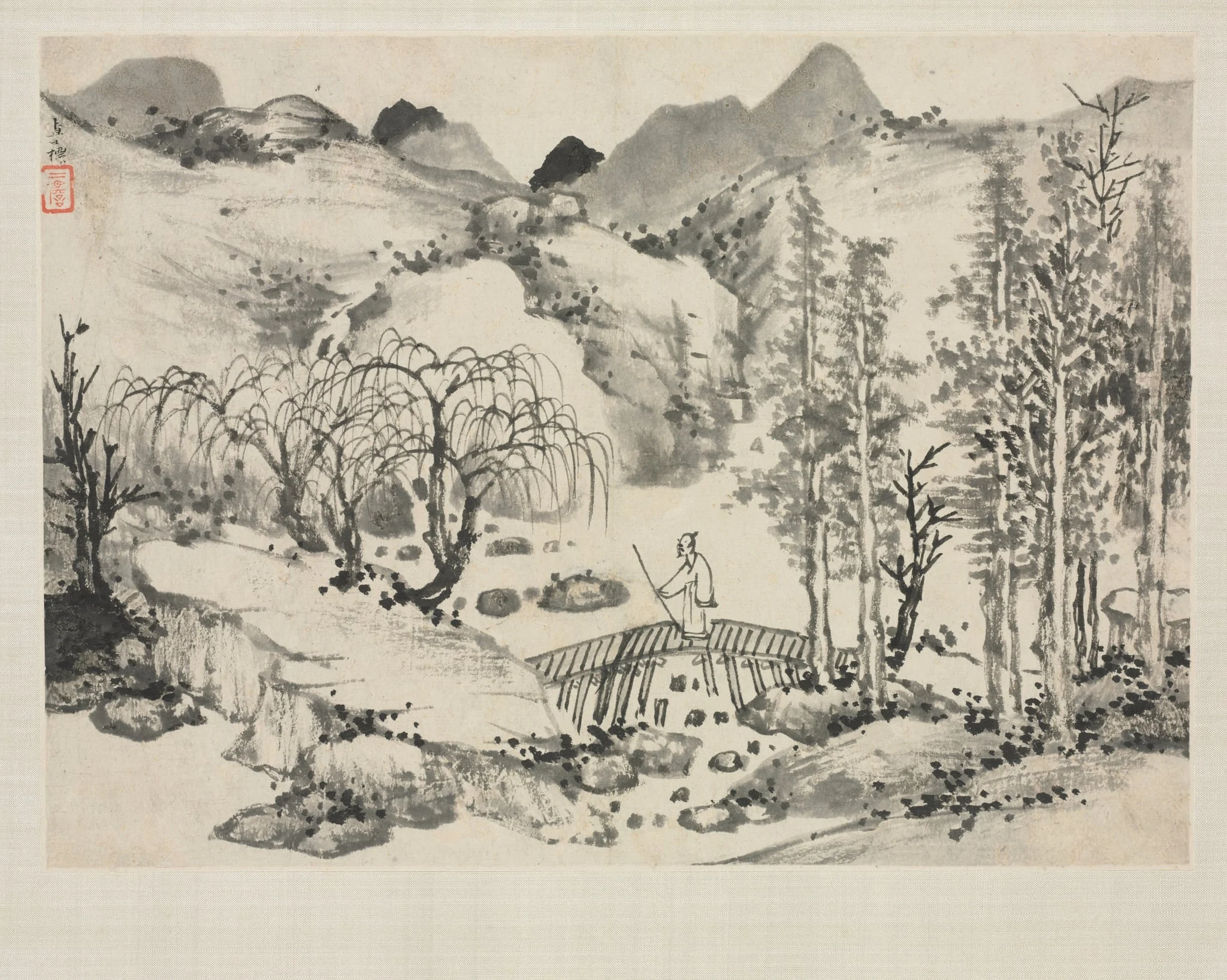 Landscape Album in Various Styles: Landscape with Artist on a Bridge, detail