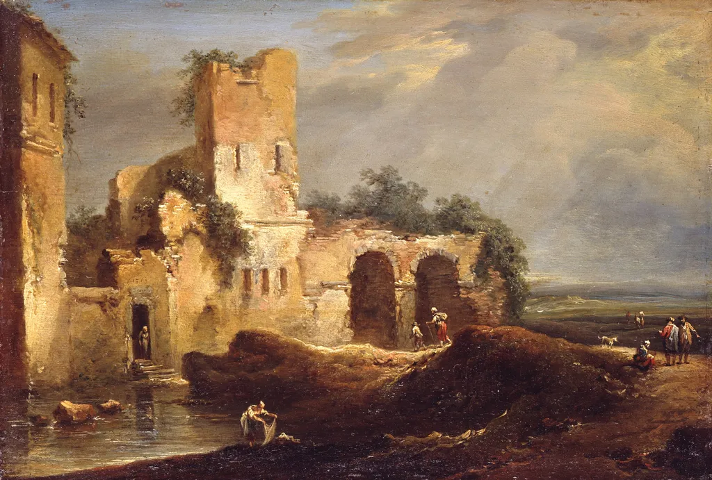 Landscape with a ruin at a stretch of water, by Johann Christian Brand, oil, 1769
