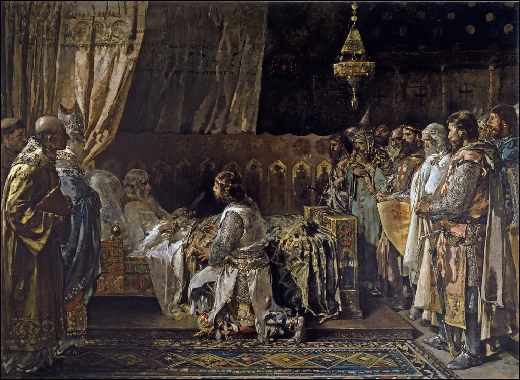 In his final moments, King Jaime el Conquistador gives his sword to his son, Pedro, by Ignacio Pinazo Camarlench, oil, 1891