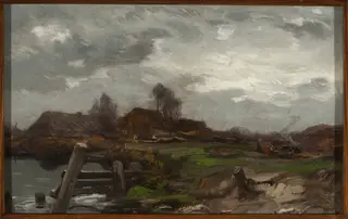 Landscape – Cottages at waterside, by Roman Kochanowski, oil, 1898