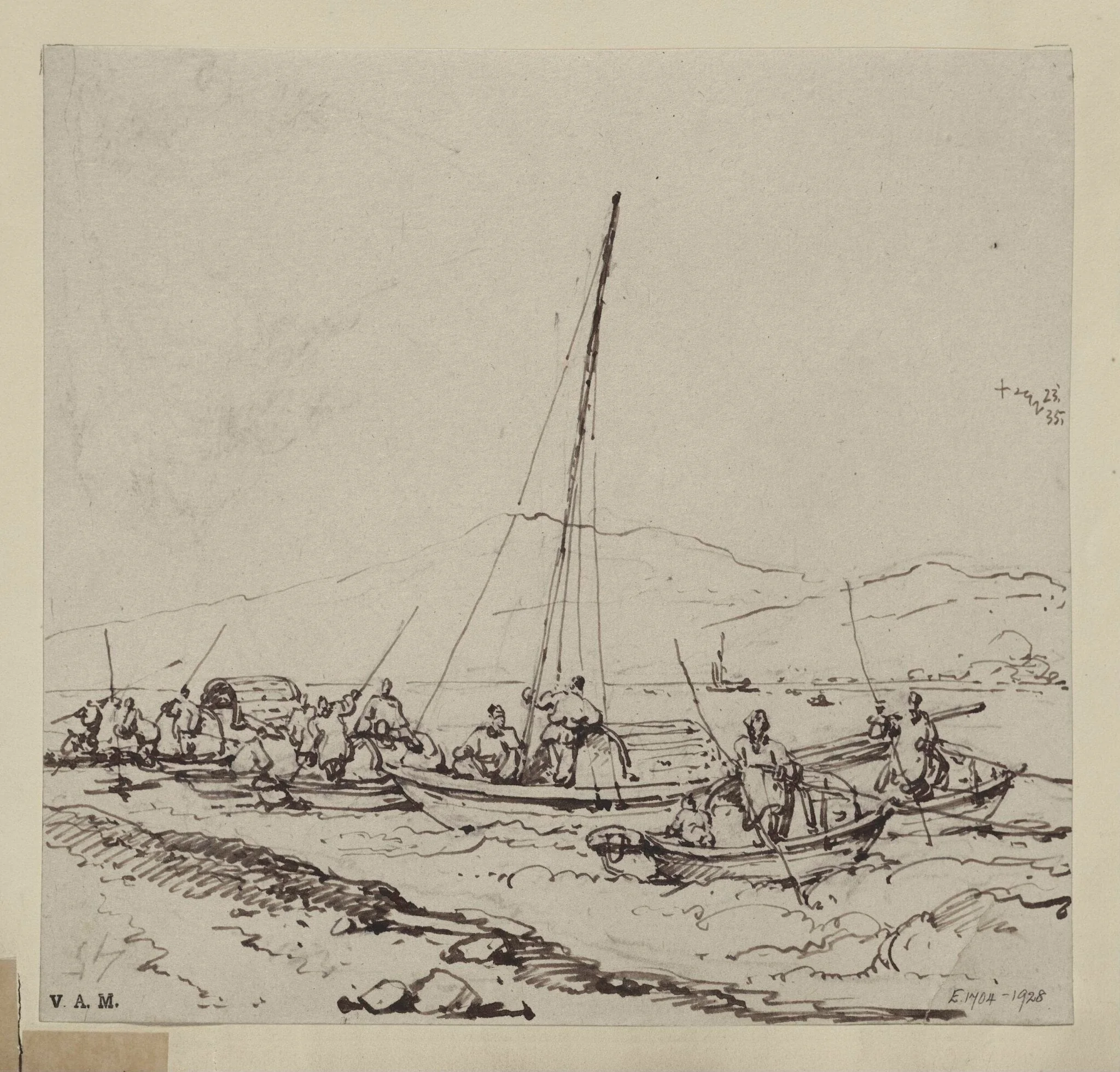 Tanka boats in shallow water near the shore, detail