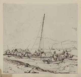 Tanka boats in shallow water near the shore, by George Chinnery, 16