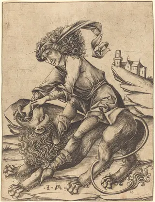 Samson and the Lion, by Israhel van Meckenem, ink, 1475
