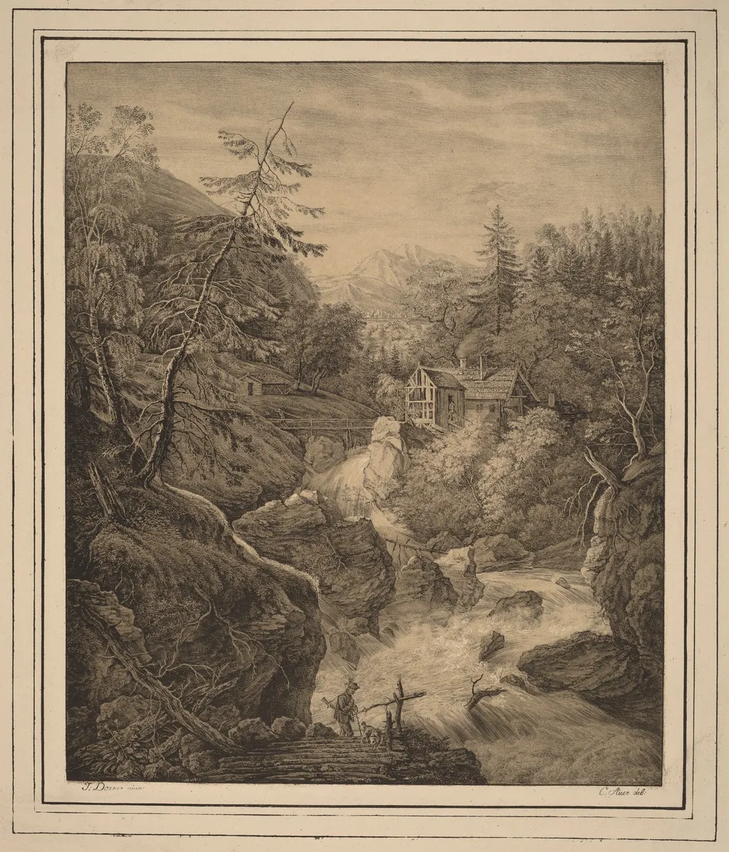 Waterfall, by Kaspar Auer, ink, 1795