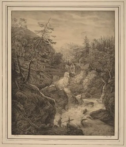 Waterfall, by Kaspar Auer, ink, 1795