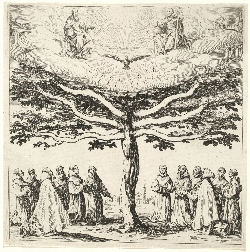 The Holy Trinity in the Tree of Life, Adored by Franciscans, by Jacques Callot, ink, 1621