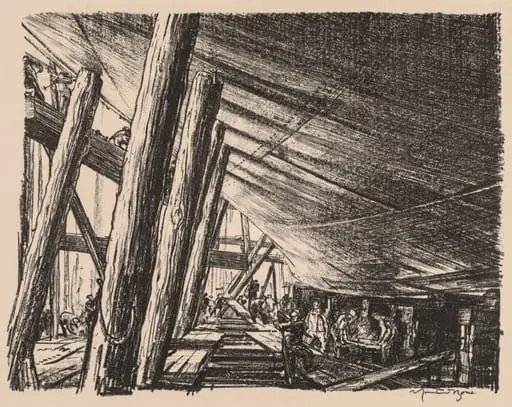 On the Clyde, 1917-1918:  Building a Cross Channel Train Ferry, by Muirhead Bone, 1918